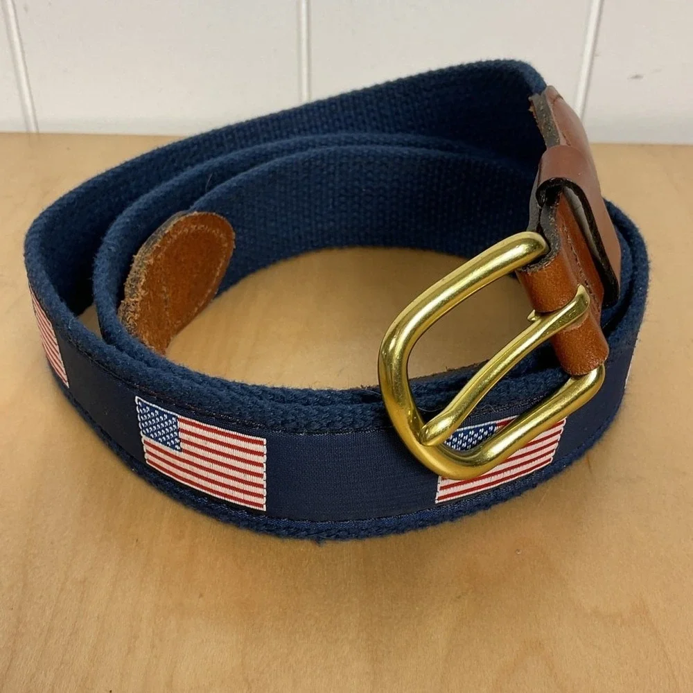 Leather Man Ltd Made in Essex CT Patriotic Flag Belt Leather and Navy Canvas 44